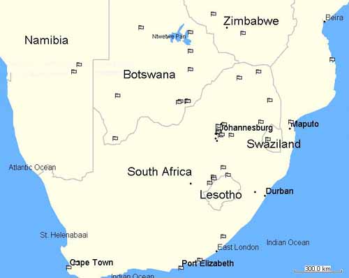 Mapa que muestra la distribución de rompenubes en Sudáfrica en Agosto del 2004