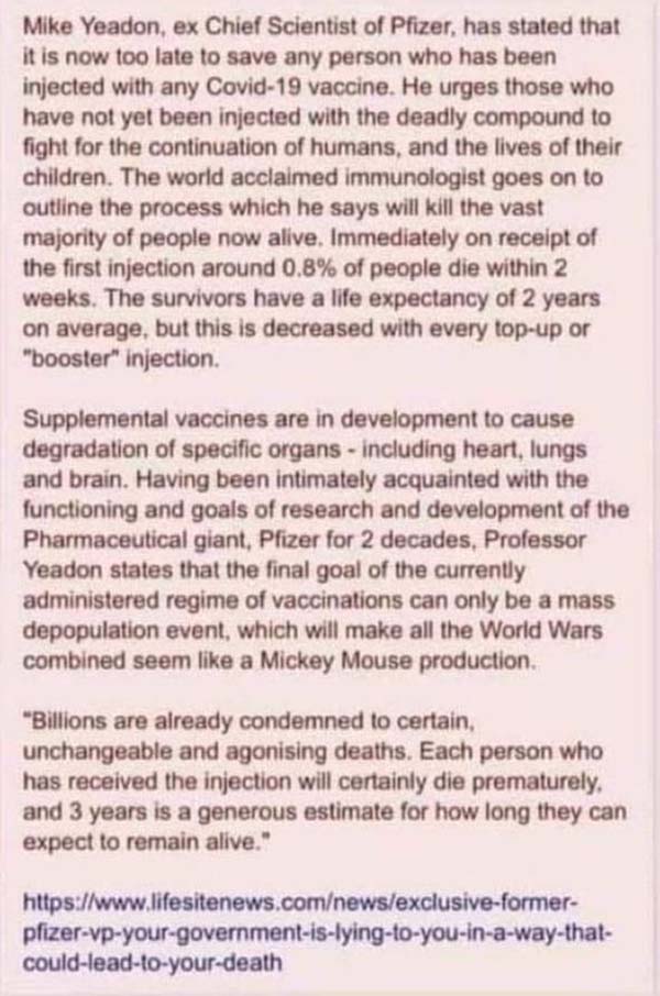 Mike Yeadon former science chief of Pfizer warns against vaccines