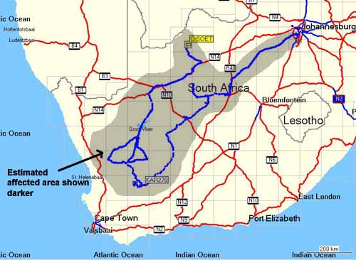 Map of South Africa showing cities, roads, and country borders with blue lines marking routes and a darker shaded area.