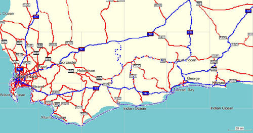 Map showing road network with blue and red lines across a coastal region, appears to be from a website interface