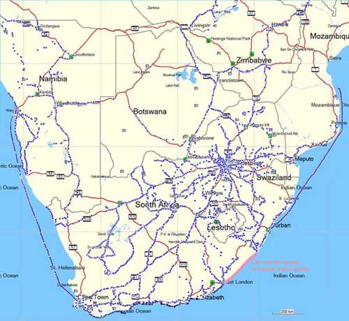 Map of southern Africa showing countries including South Africa, Botswana, Zimbabwe, Namibia, Swaziland, Lesotho, and Mozambique.