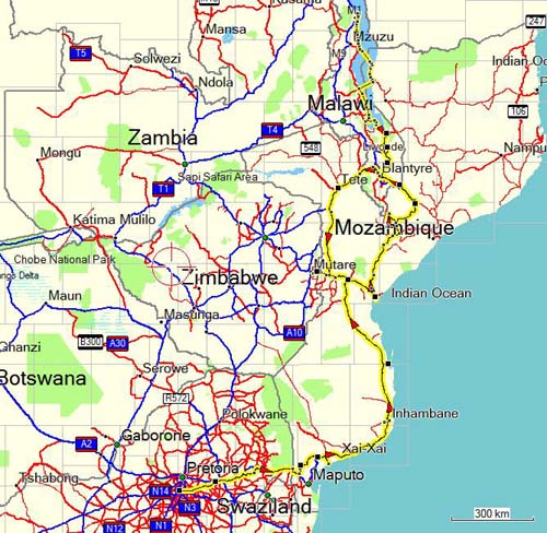 Map of southern Africa showing countries like South Africa, Zimbabwe, Botswana, Zambia, Mozambique, and Malawi with roads and cities.