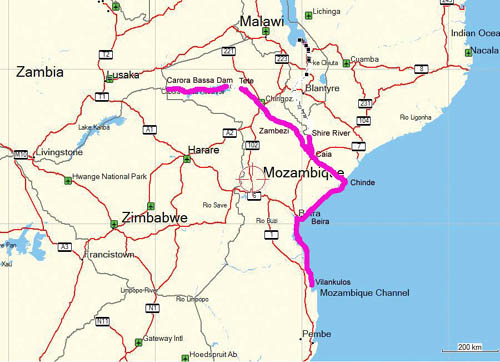 Map showing parts of southern Africa including Mozambique, Zimbabwe, Zambia, and Malawi with a bright pink route marked