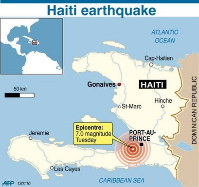 Map of Haiti showing earthquake epicenter near Port-au-Prince with 7.0 magnitude marked, including cities and scale bar.