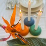 Orange Paradiesvogelblume mit bunten runden orgonite Kerzenhaltern - orange, blau, grün - mit brennenden weißen Kerzen