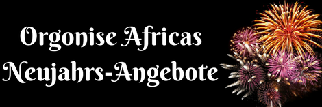 Stylized graphic with white text 'Orgonise Africas Neujahrs-Angebote' on black background with colorful fireworks display