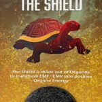 Red turtle illustration with patterned shell above black circular orgonite disc on yellow gradient background
