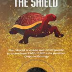 Produktbild mit roter Schildkröte und schwarzer runder orgonite-Scheibe auf gelbem Hintergrund mit stürmischem Himmel