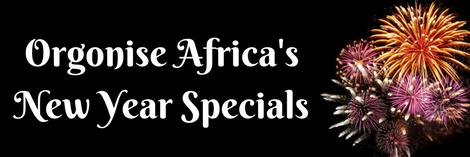 Stylized graphic with fireworks and text 'Orgonise Africa's New Year Specials' on black background