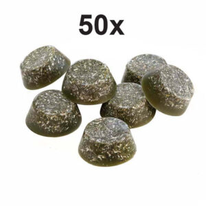 Seven dark green dome-shaped orgonite pieces with metallic flecks scattered on white background, labeled 50x
