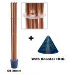 Copper tubes with clear holder ring plus blue cone-shaped orgonite with sparkles, labeled CB 28mm and With Booster HHG