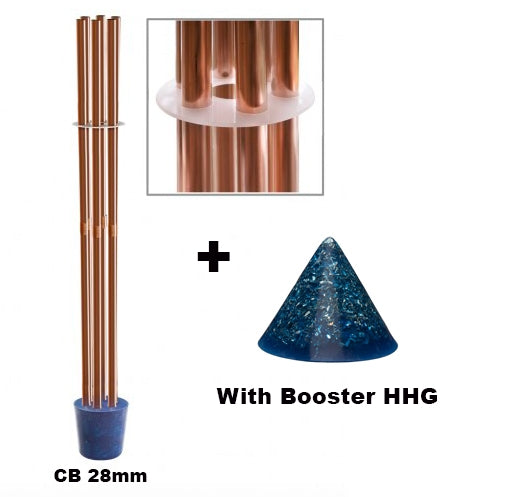 Copper tubes with clear holder ring plus blue cone-shaped orgonite with sparkles, labeled CB 28mm and With Booster HHG