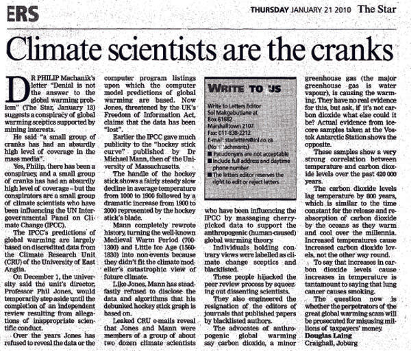 Newspaper clipping from The Star, January 21 2010, with headline "Climate scientists are the cranks" and article text below.