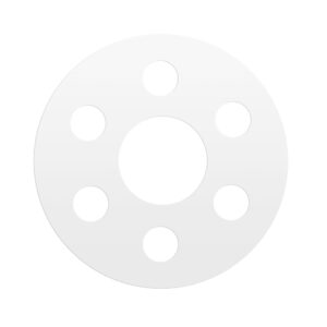 Gray circular disc with large center hole and six smaller holes arranged around it, viewed from above on white background