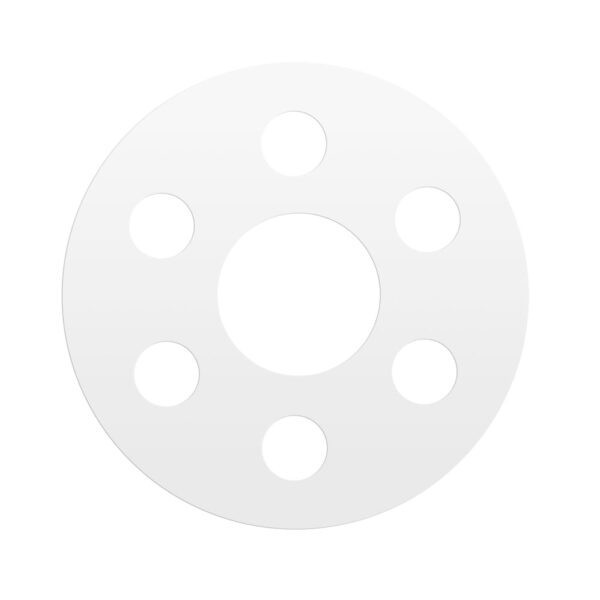 Gray circular disc with large center hole and six smaller holes arranged around it, viewed from above on white background