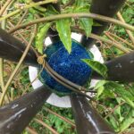 Blue-green circular orgonite device with white stripe attached to black metal wheel spokes among green plants and vines