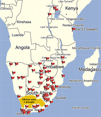 Map of southern Africa showing red flag markers scattered across South Africa, Zimbabwe, and other countries.