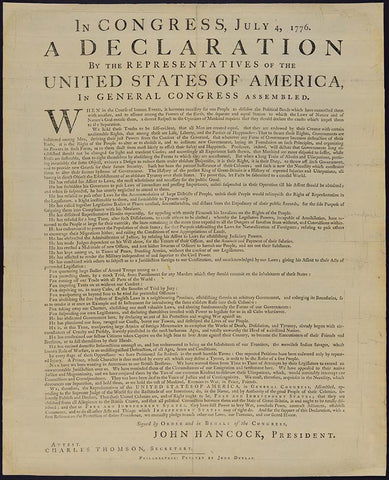 Historical document showing the Declaration of Independence with formal text layout and signatures at bottom.