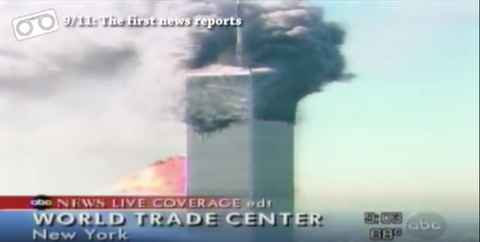 TV news screenshot showing World Trade Center towers with smoke, ABC News live coverage banner at bottom