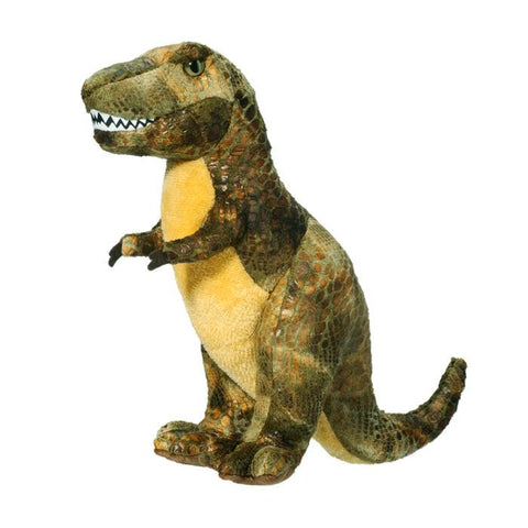 Plush toy T-Rex dinosaur with brown and yellow coloring, white teeth, and small arms in standing pose