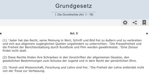 Screenshot of a German legal document or constitution webpage showing Article 5 about freedom of expression and press rights.
