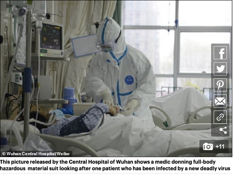 Medical worker in protective suit attending to patient on hospital bed with medical equipment and monitors visible