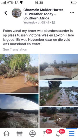 Screenshot of social media post showing flooded roads and muddy water in multiple photos, with Afrikaans text about flooding