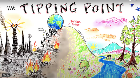 Hand-drawn diagram titled 'The Tipping Point' showing Earth balanced between industrial pollution with fires and nature with trees.