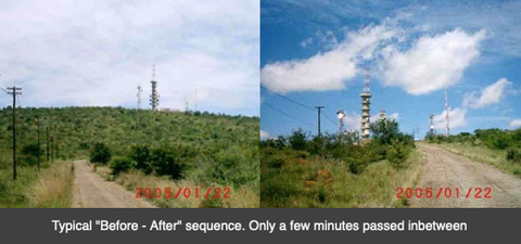 Split image showing before/after photos of rural road with transmission towers, dated timestamps, caption about sequence