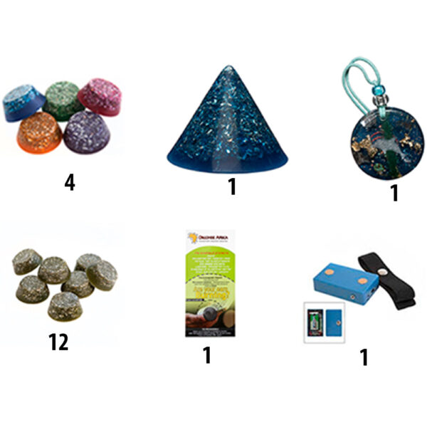 Orgonite items: 4 small pyramid shapes, 1 blue triangle, 1 pendant, 12 grey round pieces, 1 green package, 1 blue device