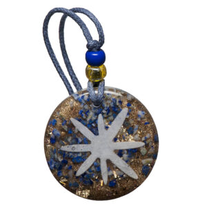 Round orgonite pendant with white starfish, blue and gold flecks, on gray braided cord with blue and amber beads