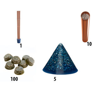 Four orgonite items: copper tube with blue cap (1), blue triangular pyramid (5), copper tube (10), gray round pellets (100)