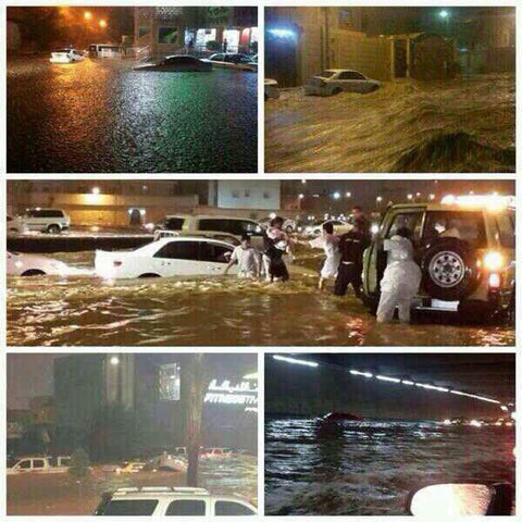 Five photos showing flooded streets with cars partially submerged in water at night, emergency responders, and flood damage
