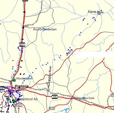 Map showing roads, towns including Pretoria, and blue dots marking locations across the terrain