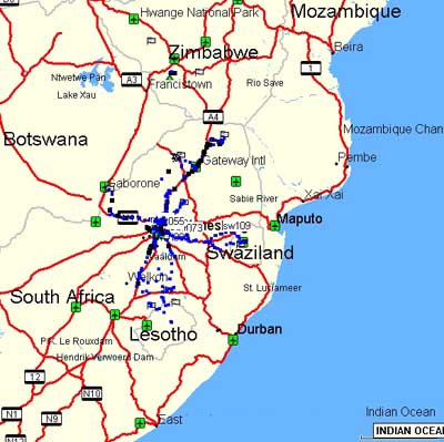 Map showing southern African countries with blue dots marking locations, appears to be tracking cell phone tower positions