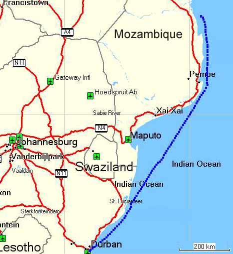 Map showing southeastern Africa coastline with cities like Johannesburg, Durban, Maputo, and Swaziland marked along Indian Ocean