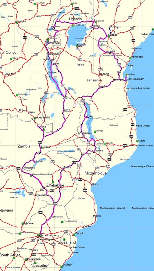 Map of eastern and southern Africa showing countries, cities, roads, and a purple route line through multiple nations