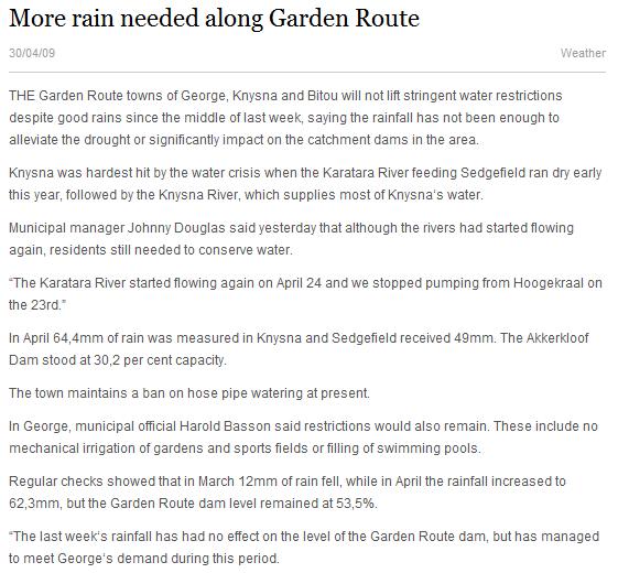 Screenshot of news article titled 'More rain needed along Garden Route' discussing water restrictions and rainfall data