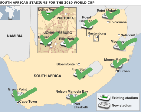 Map of South Africa showing 2010 World Cup stadium locations, with green shaded areas indicating existing stadiums and outlined areas showing new stadiums
