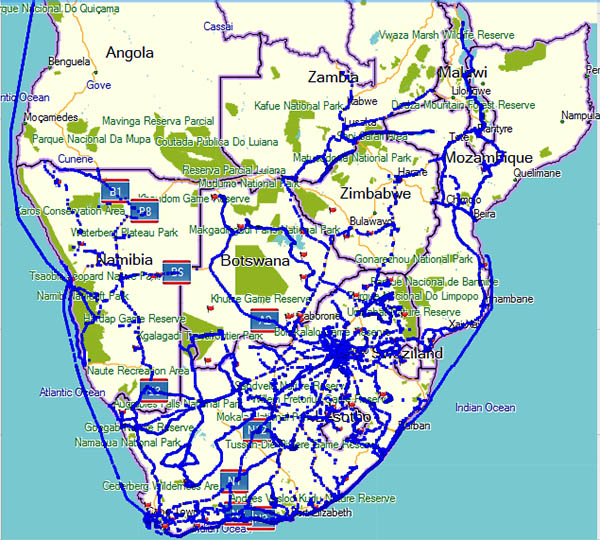 Map of southern Africa showing countries, national parks, cities, and blue route lines with numbered waypoints marking locations.