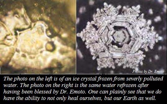 Two water crystal photos: left shows polluted water crystal, right shows blessed water crystal with hexagonal snowflake pattern