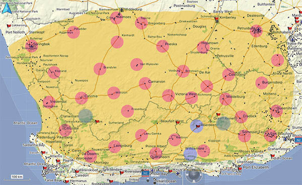 Map of South Africa showing pink circles scattered across yellow landmass, with blue areas and coastal regions visible