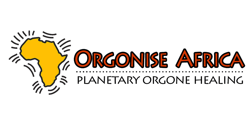 Logo showing yellow outline of Africa continent with radiating lines, text reads "Orgonise Africa" and "Planetary Orgone Healing"