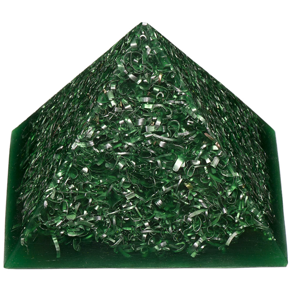 Green orgonite pyramid with visible metal shavings and crystal, made by Orgonise Africa