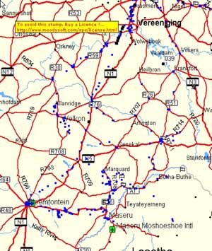 Map showing the orgone gifting effort in the Free State