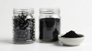 Activated charcoal and clay-style parasite cleanse binder supplements in neutral glass containers, studio shot