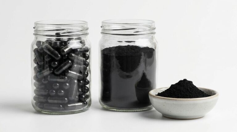 Activated charcoal and clay-style parasite cleanse binder supplements in neutral glass containers, studio shot