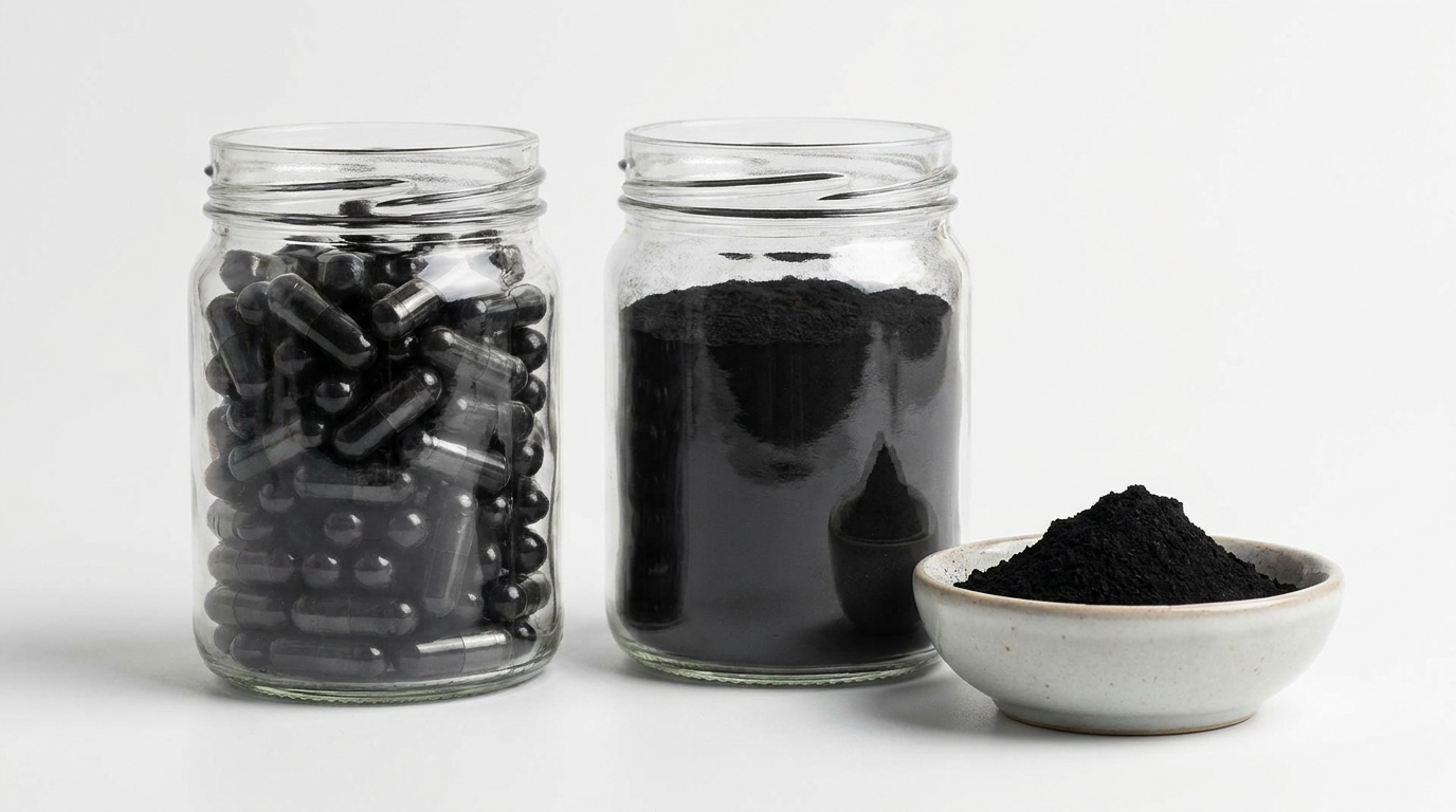 Activated charcoal and clay-style parasite cleanse binder supplements in neutral glass containers, studio shot